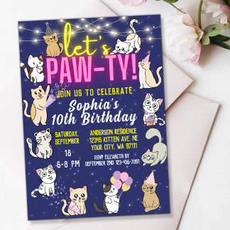 Let's Pawty Neon Pink Glanz Niedlich Kätzchen Katz Einladung