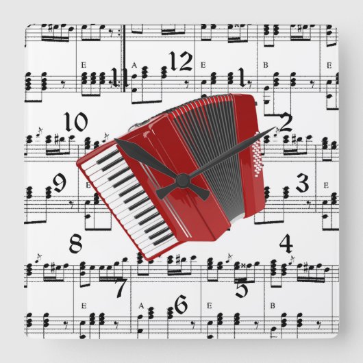 Let's Polka, red accordion on sheet music, Quadratische Wanduhr (Vorderseite)