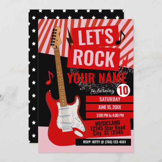 Let's Rock Birthday Invitation Einladung (Vorne/Hinten)