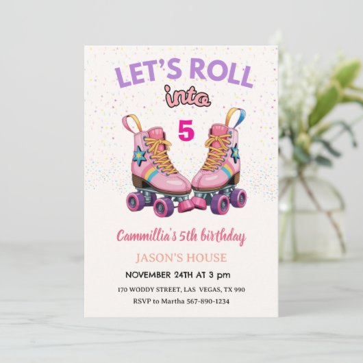 Let's Roll into 5 Retro Roller Skate Birthday  Einladung (Stehend Vorderseite)