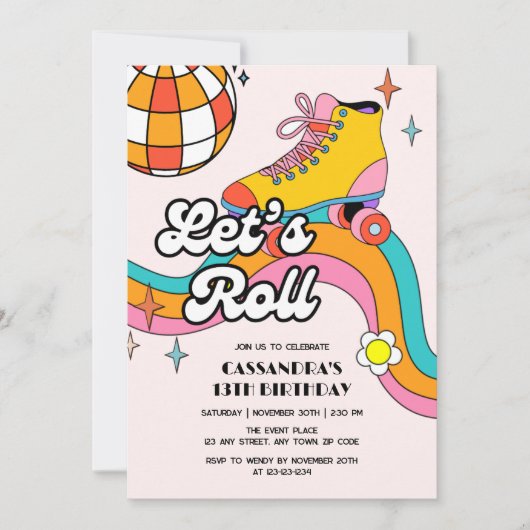 Let's Roll Retro Roller Skating Girl Birthday Einladung (Vorderseite)