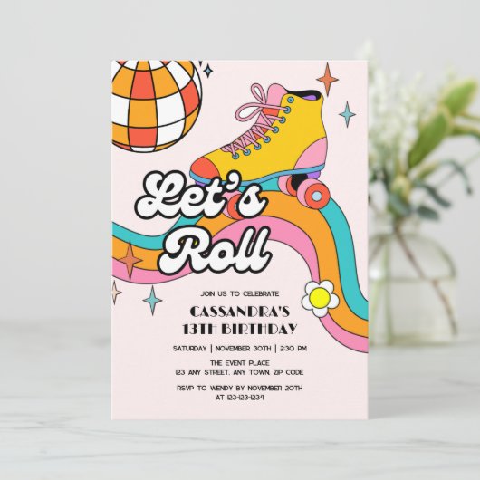 Let's Roll Retro Roller Skating Girl Birthday  Einladung (Stehend Vorderseite)