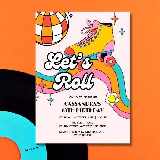 Let's Roll Retro Roller Skating Girl Birthday Einladung