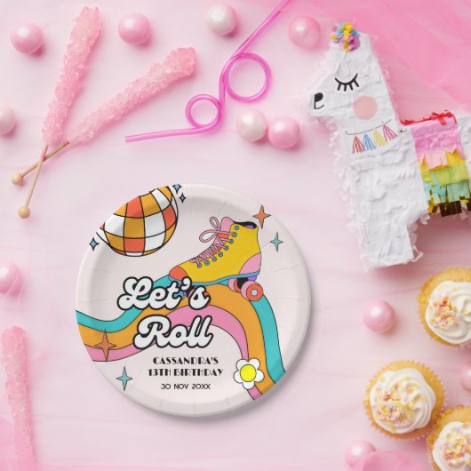 Let's Roll Retro Roller Skating Girl Birthday  Pappteller (Party)