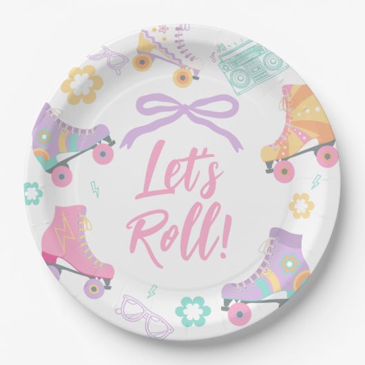 Lets Roll Roller Skate Retro Girl Birthday Pastel Pappteller (Vorderseite)