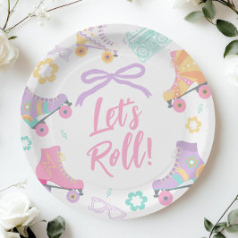 Lets Roll Roller Skate Retro Girl Birthday Pastel Pappteller