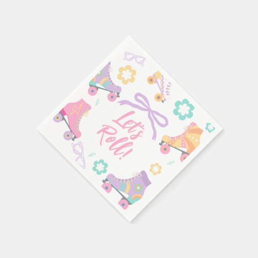 Lets Roll Roller Skate Retro Girl Birthday Pastel Serviette (Ecke)