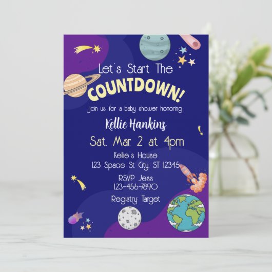 Let's Start the Countdown, Space Baby Shower Einladung (Stehend Vorderseite)