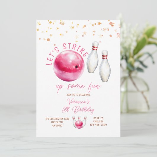 Let's Strike Girl 5th Pink bowling birthday party Einladung (Stehend Vorderseite)