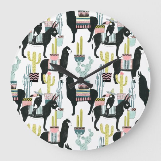 Let's Taco About Love | Llama & Donkey Pattern Große Wanduhr (Vorderseite)