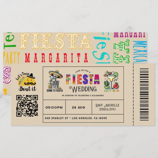 "Let's Taco Bout It" Mexican Fiesta Wedding Ticket Einladung (Vorne/Hinten)