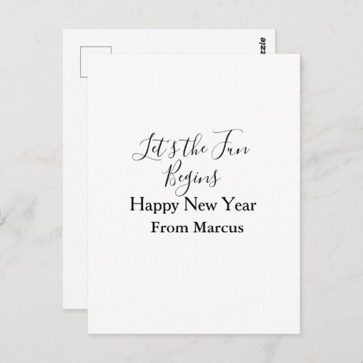 lets the fun begins happy new year name year simpl postkarte (Vorne/Hinten)