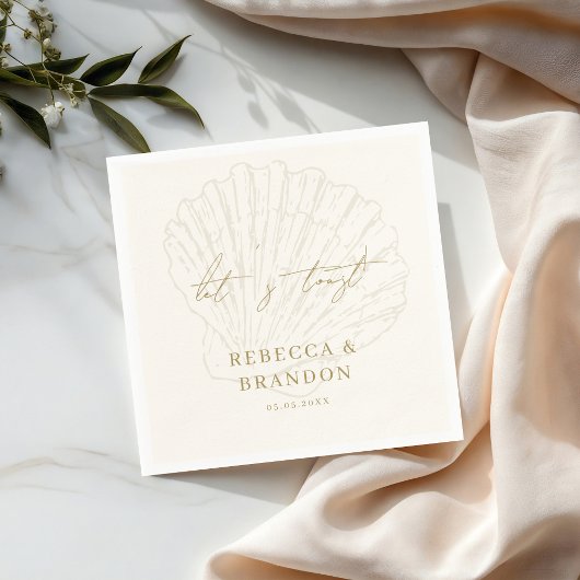 Let's Toast Ivory & Gold Seashell Coastal Wedding Serviette