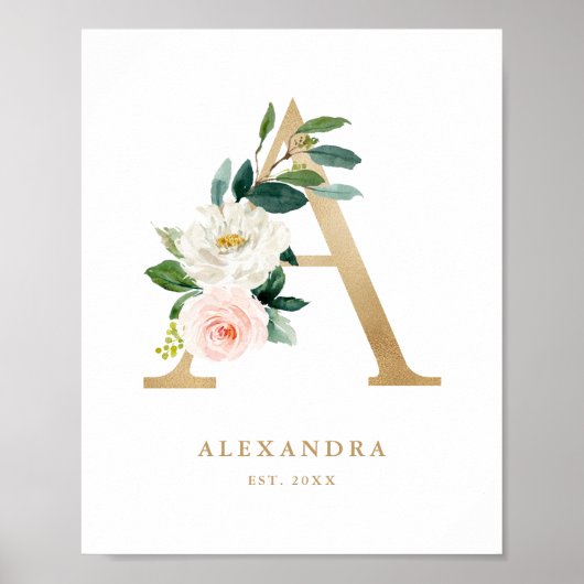 Letter A Blush Floral Monogram Gold Foil Kinderzim Poster (Vorne)