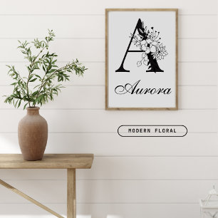 Letter A Floral Modern Black Monogram Kinderzimmer Poster