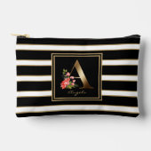 Letter A Floral Monogram Schwarz-weiße Streifen Zubehörtasche (Vorderseite)