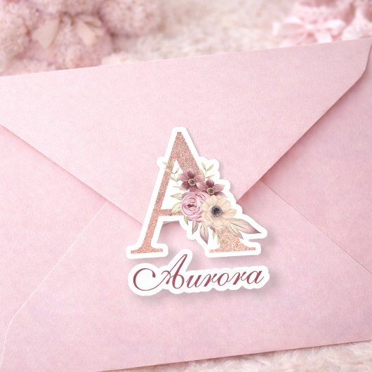 Letter A Floral Rose Gold Monogram Aufkleber