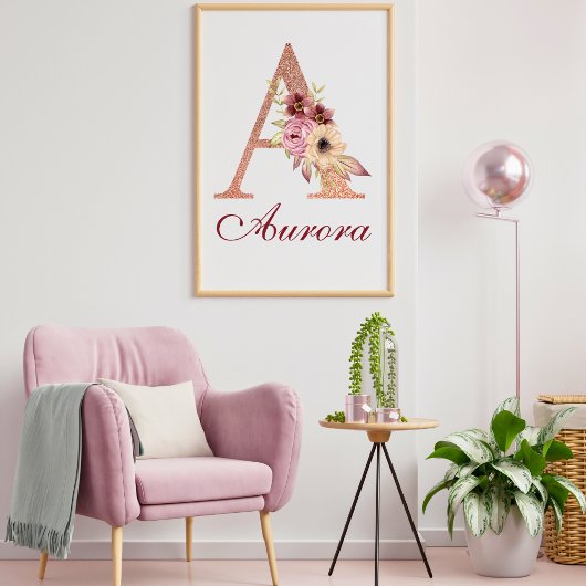 Letter A Floral Rose Gold Monogram Kinderzimmer Poster