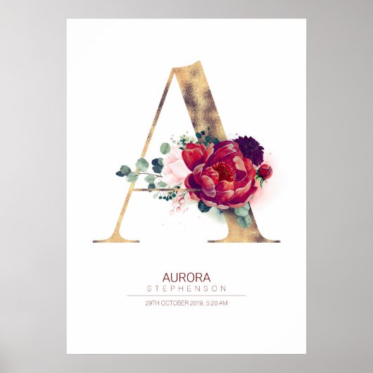 Letter A Monogram Floral Burgundy Red and Gold Poster (Vorne)