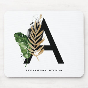  Letter A Monogram   Gold Foil Tropical Monogram Mousepad