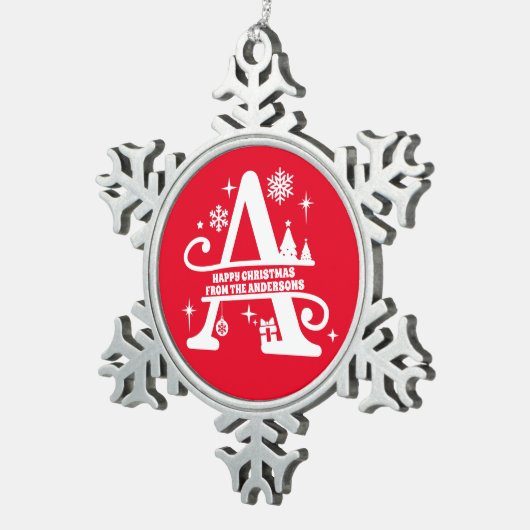 Letter A Monogram, Initial Family Name Gruß Schneeflocken Zinn-Ornament (Rechts)