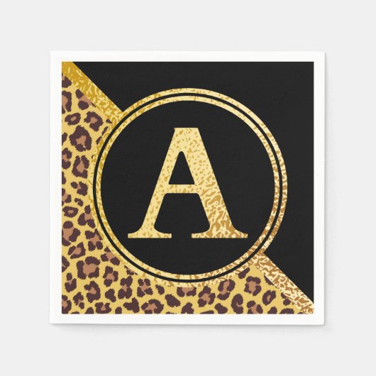 Letter A Monogram Leopard Print Gold and Black Serviette (Vorderseite)