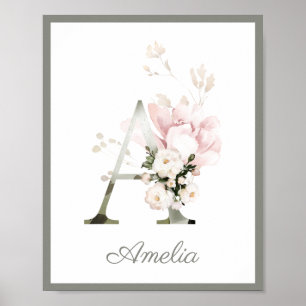 Letter A Monogram Pink Peony Rose Kinderzimmer Pos Poster