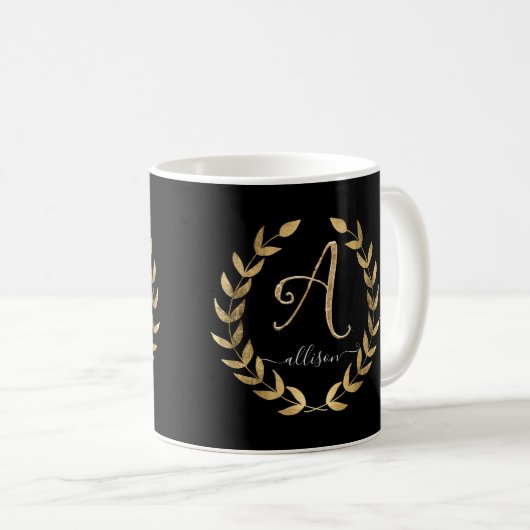 Letter A Monogram Script Name Black n Gold Kaffeetasse (VorderseiteRechts)