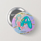 Letter A Monogram Watercolor Niedlich Mermaid Kind Button (Vorne & Hinten)