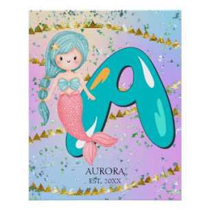 Letter A Monogram Watercolor Niedlich Mermaid Kind Poster
