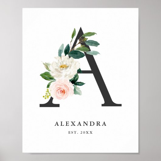 Letter A Monogram Watercolor Peach Florals Kinderz Poster (Vorne)
