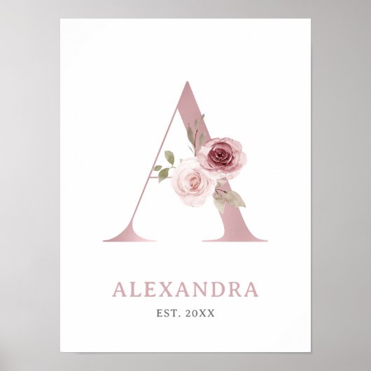 Letter A Monogram Watercolor Rose Florals Kinderzi Poster (Vorne)