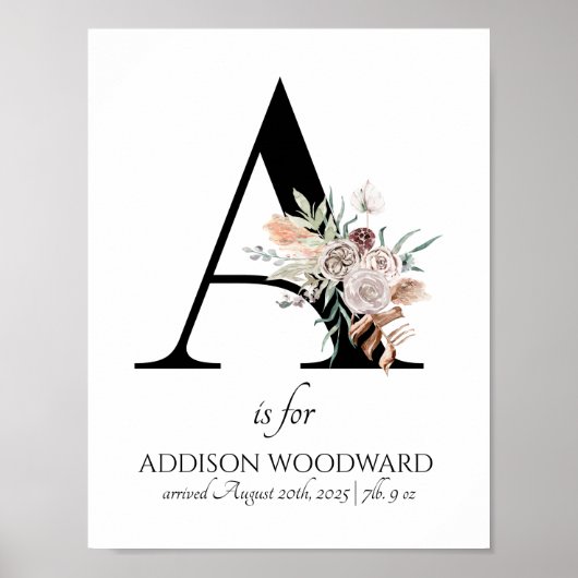 Letter A New Baby Floral Monogram Birth Poster (Vorne)