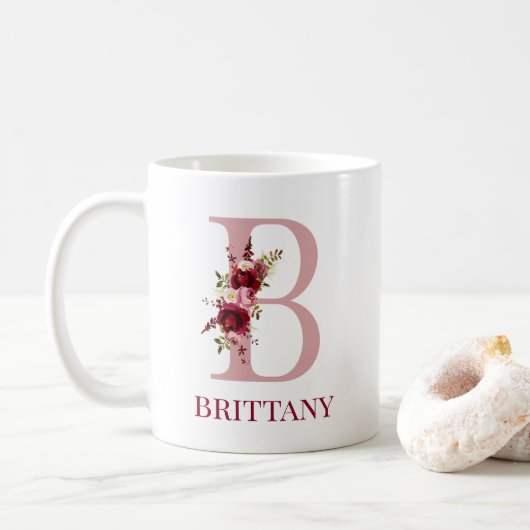 Letter B Burgundy Blush Floral Kaffeetasse (Mit Donut)