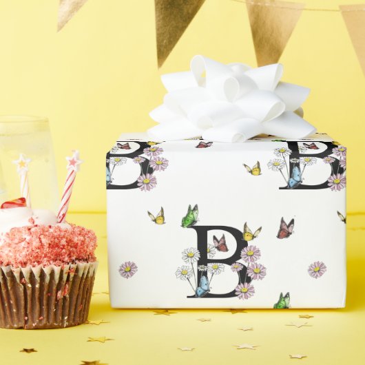 Letter B Floral Watercolor Butterfly Monogramm Geschenkpapier (Geburtstagsparty)