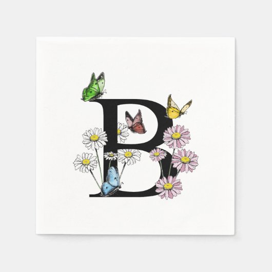 Letter B Floral Watercolor Butterfly Monogramm Serviette (Vorderseite)