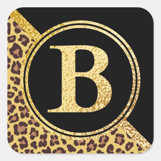 Letter B Monogram Leopard Print Gold and Black Quadratischer Aufkleber (Vorderseite)