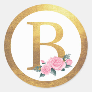 Letter B Monogram Roses Floral & Elegant Gold Runder Aufkleber