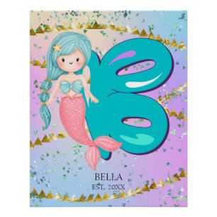 Letter B Monogram Watercolor Niedlich Mermaid Kind Poster