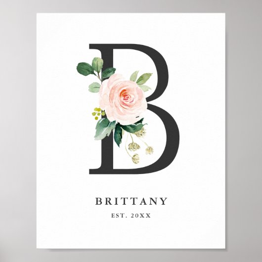 Letter B Monogram Watercolor Peach Florals Kinderz Poster (Vorne)