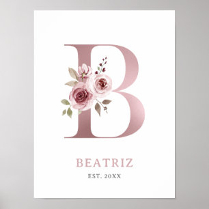 Letter B Monogram Watercolor Rose Florals Kinderzi Poster