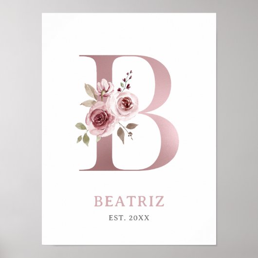 Letter B Monogram Watercolor Rose Florals Kinderzi Poster (Vorne)