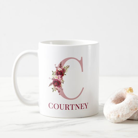 Letter C Burgundy Blush Floral Kaffeetasse (Mit Donut)