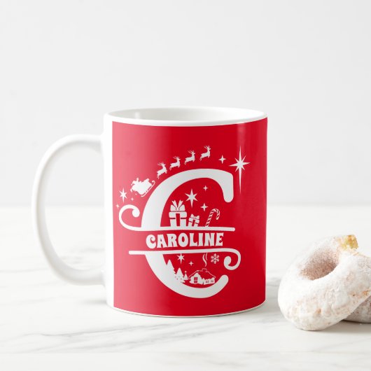 Letter C Christmas Monogram, Anfangsname Rot Kaffeetasse (Mit Donut)