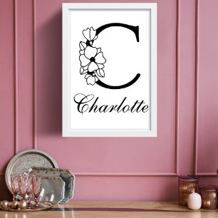 Letter C Floral Modern Black Monogram Kinderzimmer Poster
