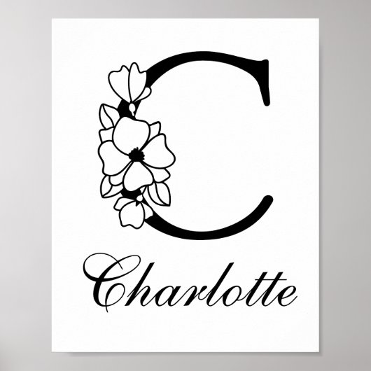 Letter C Floral Modern Black Monogram Kinderzimmer Poster (Vorne)