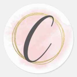 Letter C Monogram Blush Pink Watercolor Gold Chic Runder Aufkleber