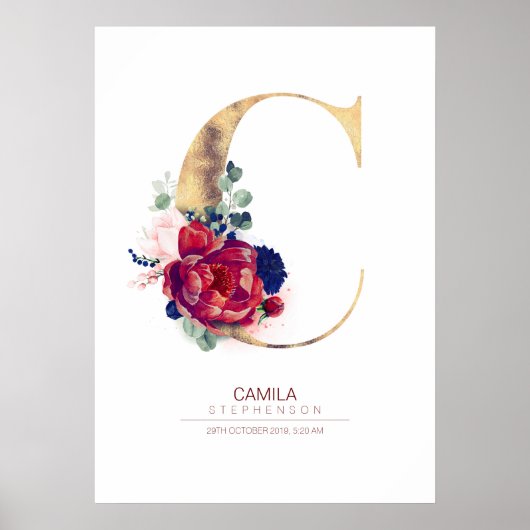 Letter C Monogram Floral Navy Blue und Burgundy Poster (Vorne)
