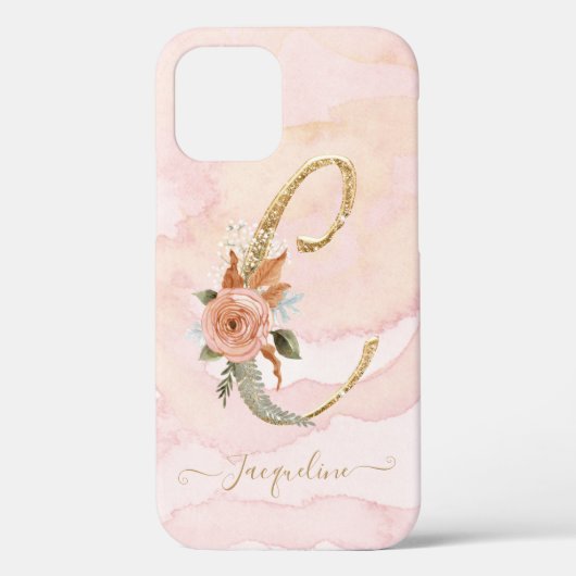 Letter C Monogram Gold Script Watercolor Floral Case-Mate iPhone Hülle (Rückseite)