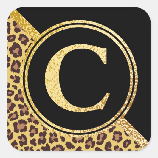 Letter C Monogram Leopard Print Gold and Black Quadratischer Aufkleber (Vorderseite)
